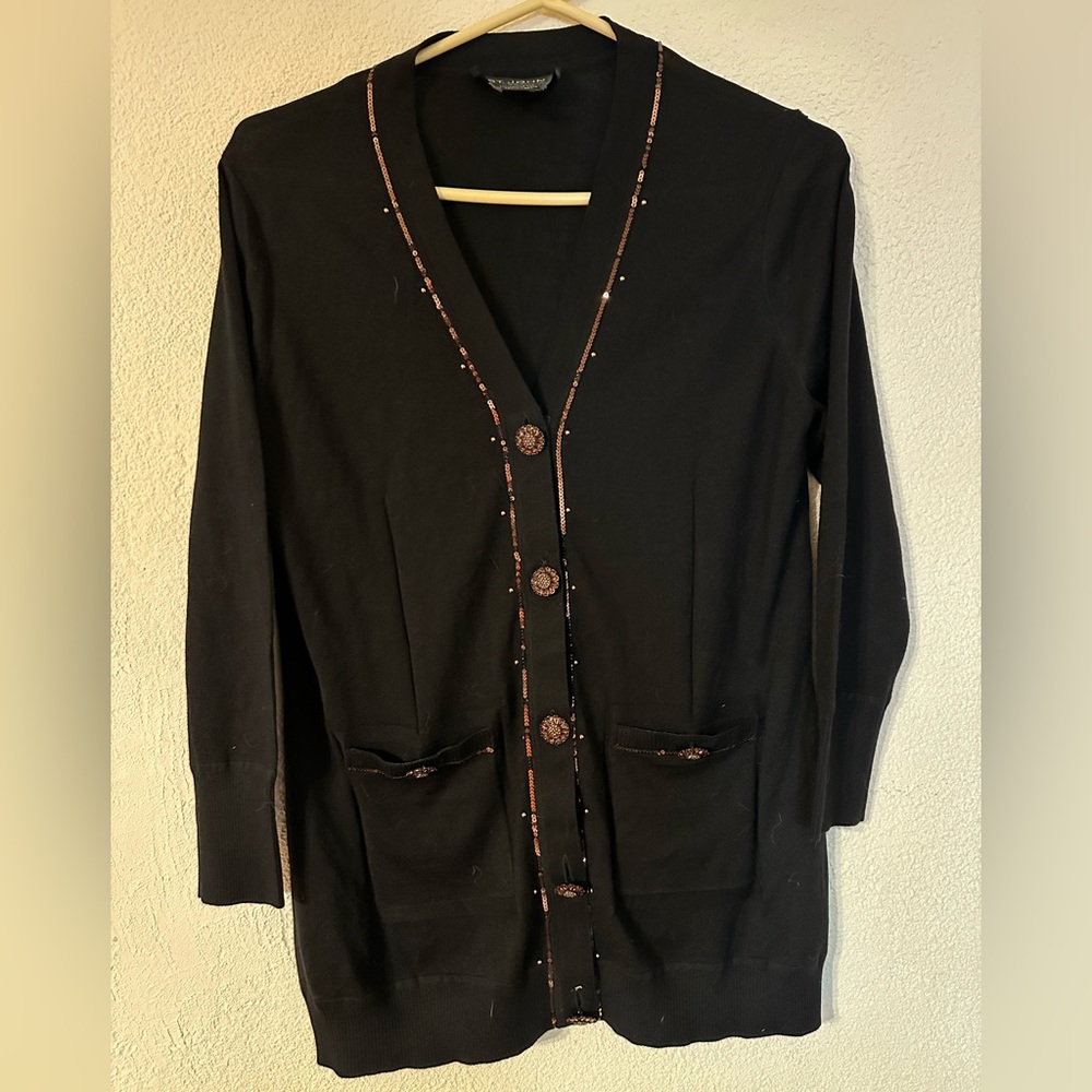 St. John Cardigan Women Black Wool/Silk/Cashmere Sequins Austrian Crystals Sz S